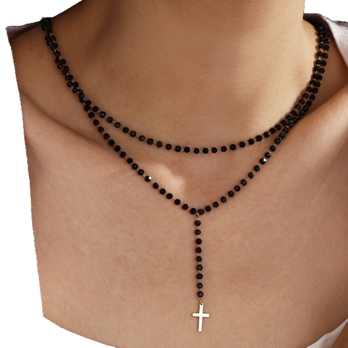 European and American Cross-border Personality Retro Crystal Beaded Clavicle Chain Diablo Party Niche Multi-layer Cross Pendant Necklace