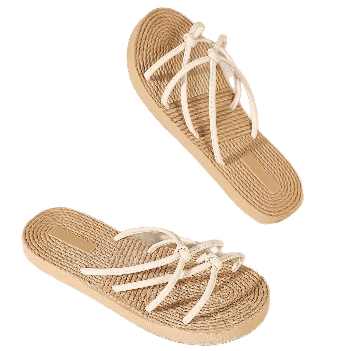 Welcome to inquire for ladies flat sandals imitation hemp rope fake hemp PVC leather strip cross-belt slippers Chaozhou cross-border