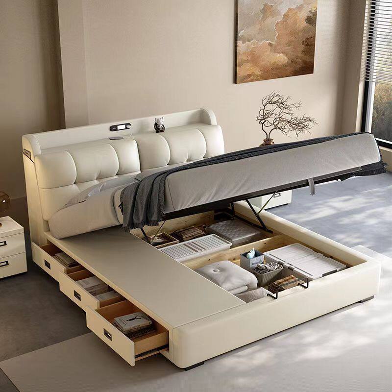 Italian Minimalist Leather Bed 1.8 m Master Bedroom Queen Bed Double Bed 1.5 m Functional Storage Solid Wood Soft Bed Wedding