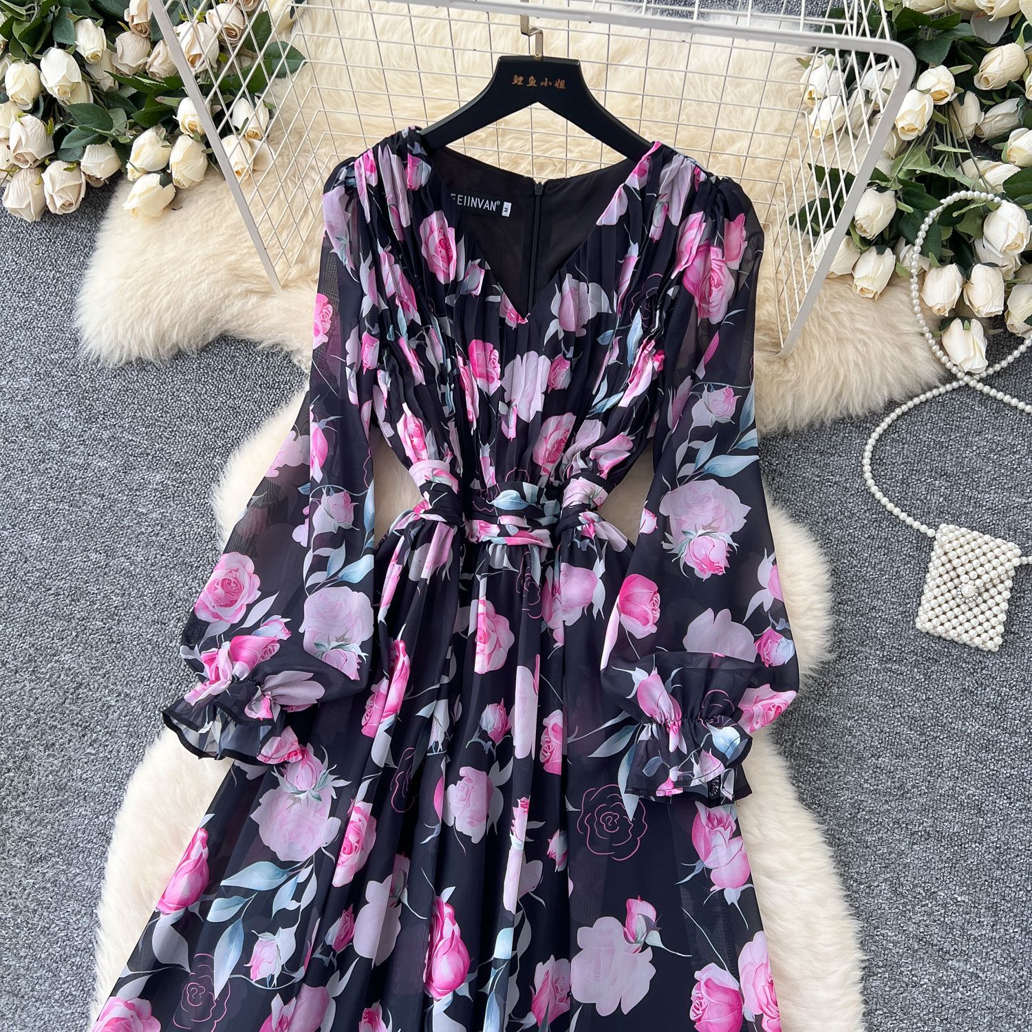 Elegant French Style Maxi Dress for Women High End Waist Defining Floral Print Lightweight Chiffon Perfect for