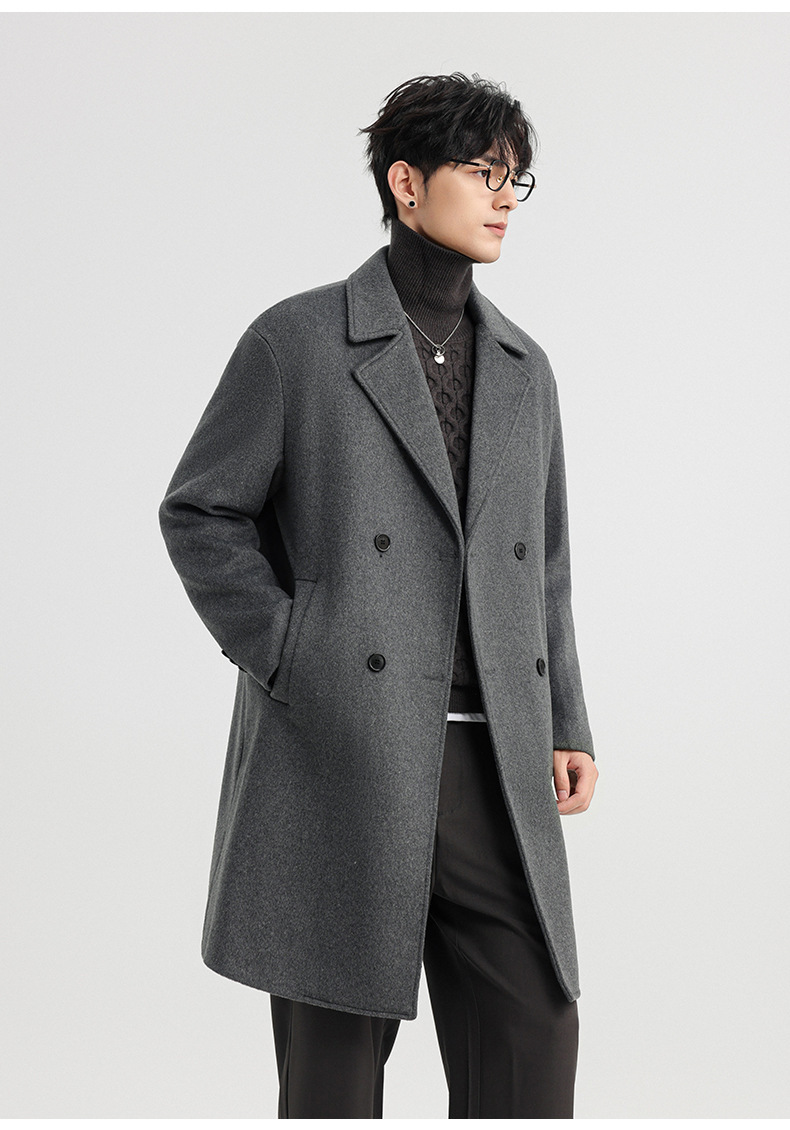 Áo khoác dạ len cashmere nam dáng dài hai hàng khuy mùa đông — Màu Xám (không bao gồm áo vest), Cà phê đậm (không bao gồm áo vest), Cà phê đậm (có áo VEST), Màu đen (có áo VEST)