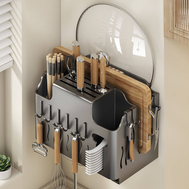 Knife Holder Storage Rack Kitchen Shelf Cutting Board Rack Knife Pot Lid Chopstick Cage Integrated Storage Rack No-Drill Wall-Mounted Rack