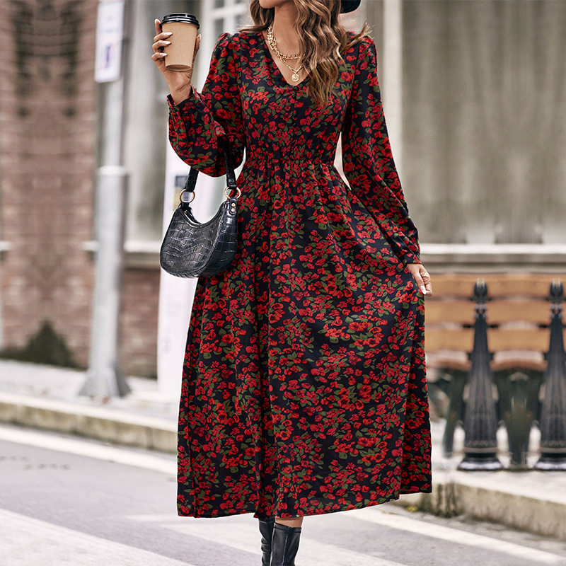 Red Floral Long Sleeve Maxi Dress Elegant Design Autumn Spring Fashion Perfect for Casual or Formal Occasions