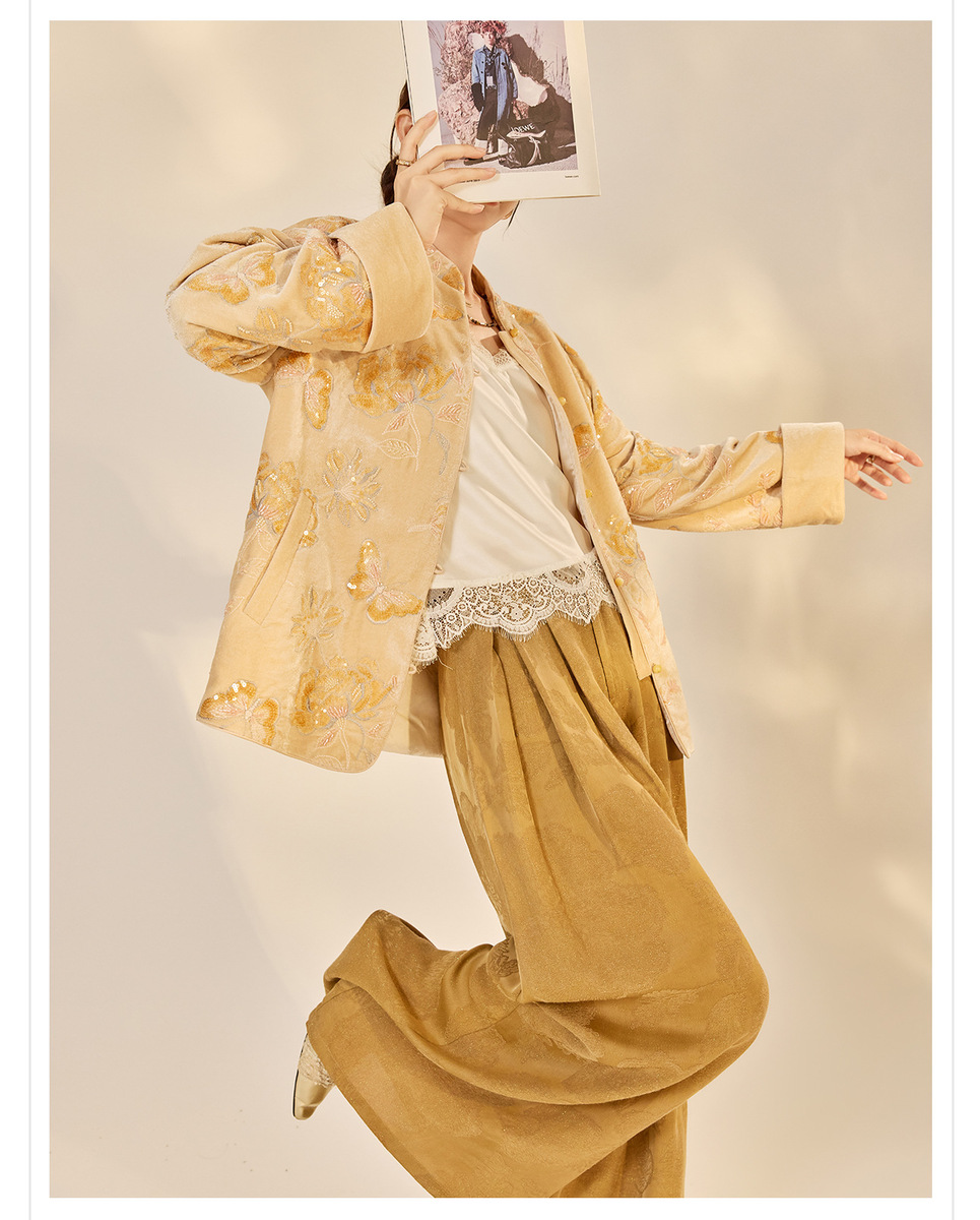 Áo khoác nữ cổ đứng dài tay thêu hoa đính kim sa phong cách retro — Màu cam mơ (giao hàng trong 7 ngày), Màu cam mơ (giao hàng trong ngày)