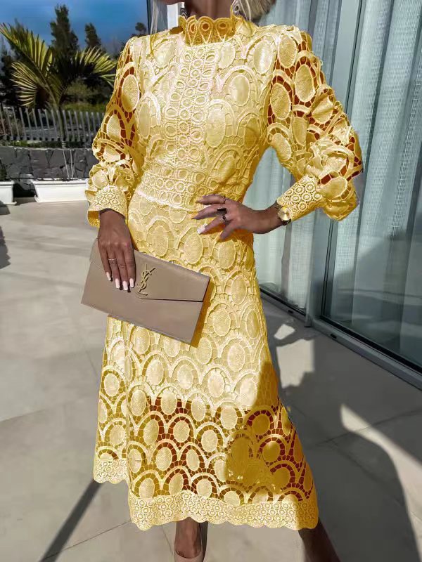 Lace Maxi Dress Sexy Hollow Out Long Sleeve Stand Collar Flared Hem Summer Occasion Wholesale Available