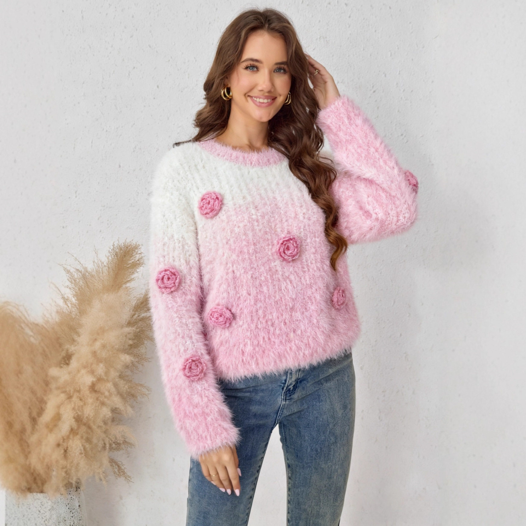 Loose Fit Round Neck Gradient Floral Sweater Soft Warm Stylish Perfect for Autumn and Winter Wholesale Available