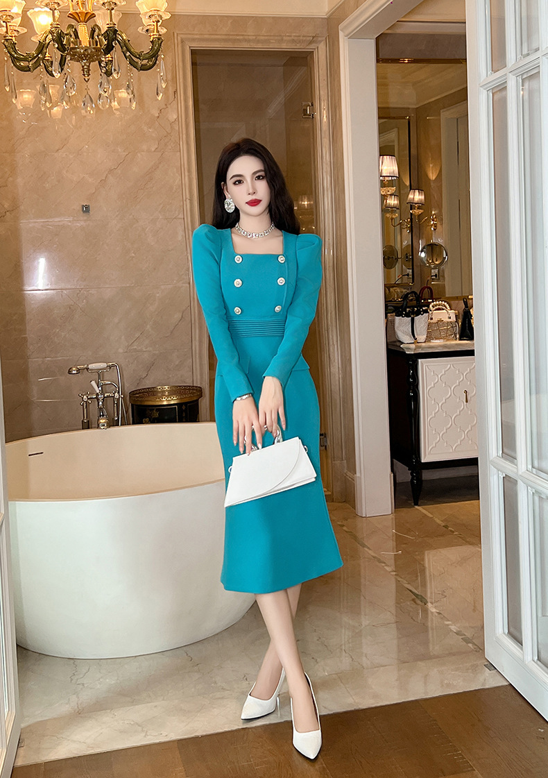 Đầm ôm body nữ cổ vuông dài tay thắt eo thanh lịch — Màu xanh nước hồ