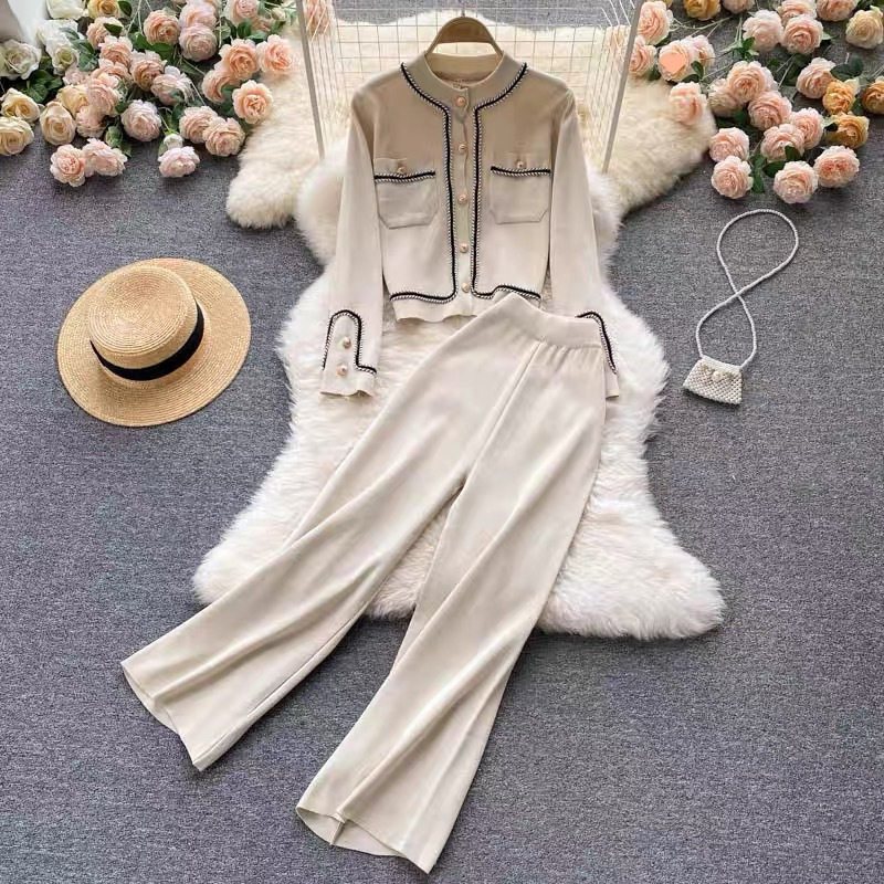 Light and Sophisticated Style Knitted Suit for Women in Autum New Design Single-Breasted Cardigan High-Waist Slimming Wide-Leg Pants Two-Piece Set