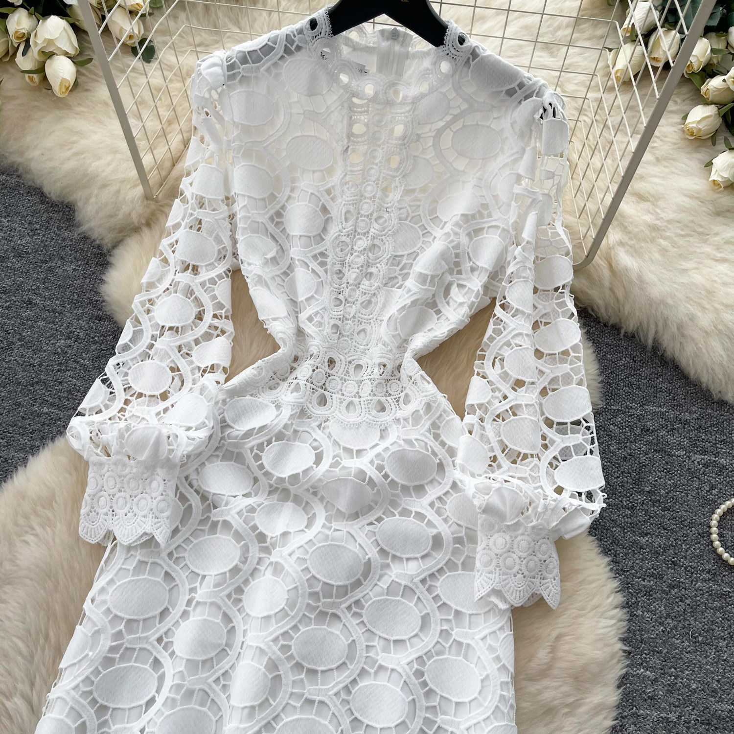 French Vacation Style Hollow Lace A Line Dress for Women Summer Elegant Slim Fit Korean Design Wholesale Available