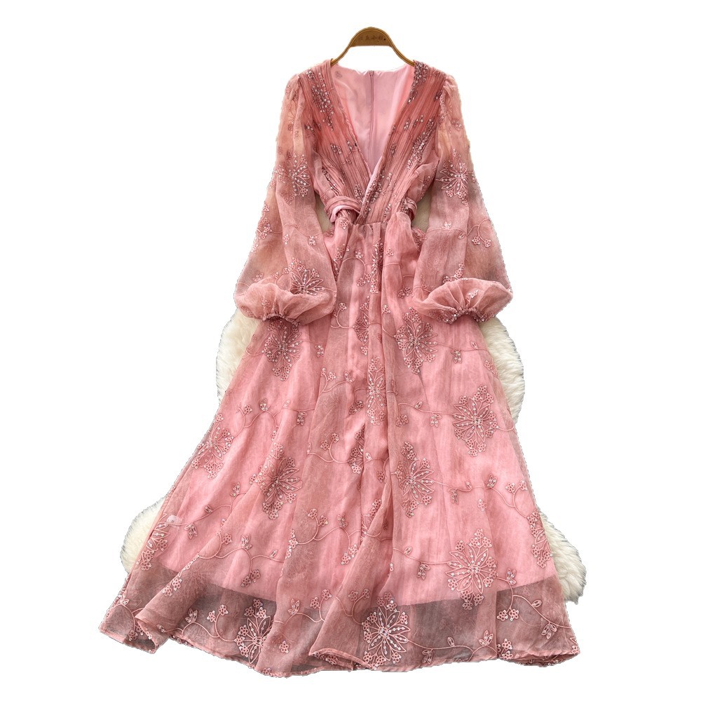 French Style Embroidered Sequin V Neck Lantern Sleeve Waist Defined Maxi Dress for Women Slim Fit Autumn Collection