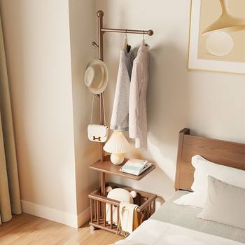 Solid Wood Clothes Hanger, Multifunctional Bedside Clothes Hanger, Floor-Standing Bedroom Household Dirty Clothes Basket Storage Rack, Removable Coat Rack