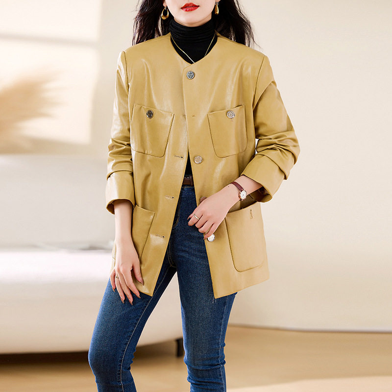Кожаная куртка Haining leather, женская куртка средней длины, новинка осени 2024, ветровка из овечьей кожи, свободная ветровка с круглым вырезом, большой размер, для похудения Изображение 1