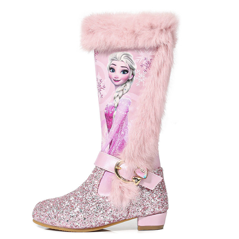 2025 Winter New Girls' High Heel Boots Frozen Elsa Plush Fashion Snow Boots with Fleece Lining for Warmth