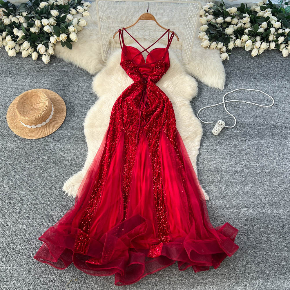 Elegant Womens Evening Dress Slimming Waist Design Sheer Mesh Sequin Velvet Spaghetti Straps Perfect for Formal