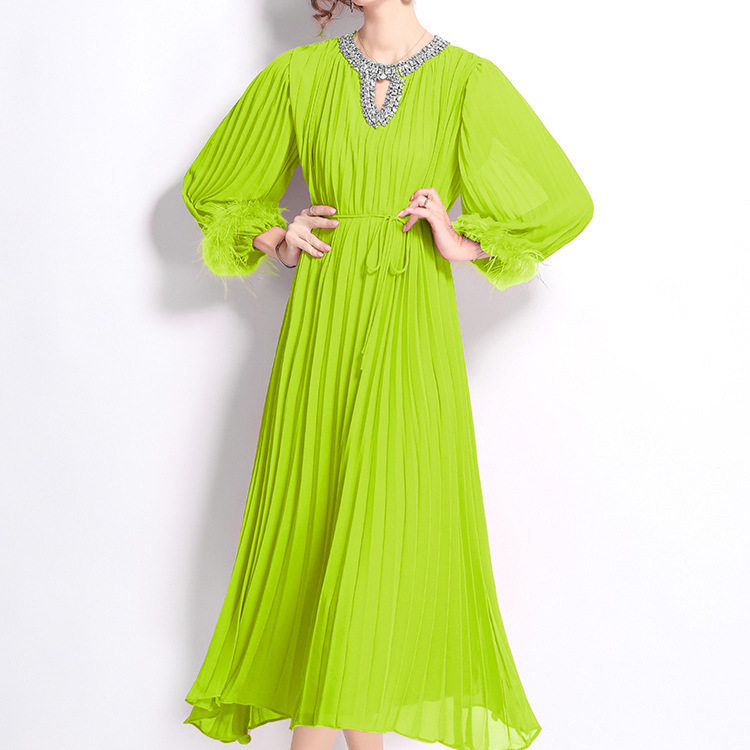 French Style Rhinestone Embellished Long Sleeve Dress Pleated Design Loose Fit Waist Tie Elegant Evening Wear