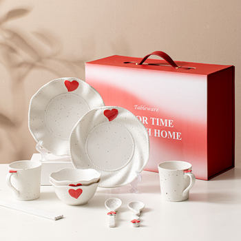 Wave Cloth Pattern Heart Dish Set High-Value Bowls and Plates Household Ceramic Rice Bowl Soup Bowl Cream Style Tableware Gift Box