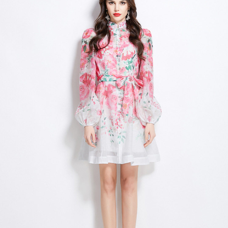 Elegant Spring Dress Stand Collar Single Breasted Lantern Sleeves Floral Print Waist Tie Perfect for Parties and