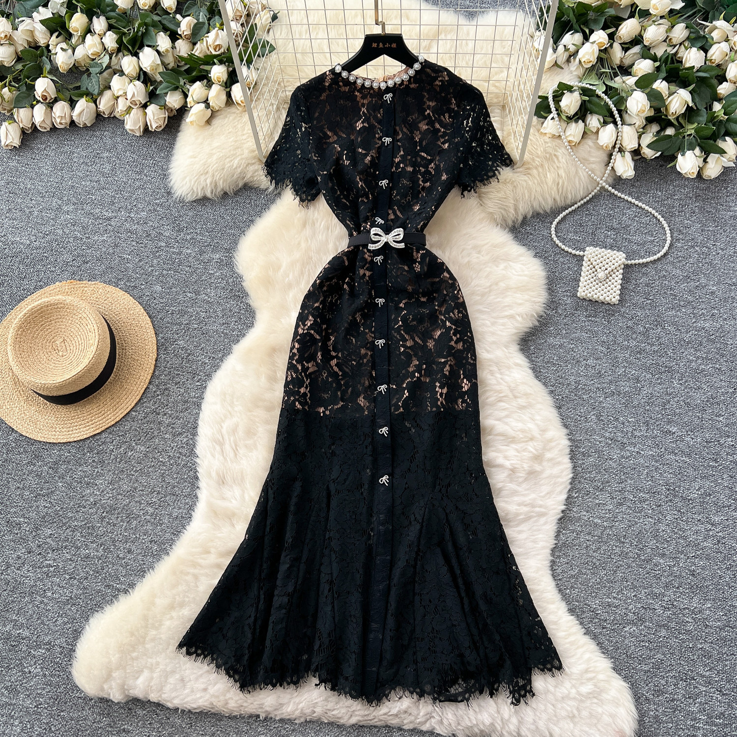 Luxury Lace Dress Rhinestone Embellished Short Sleeve Fishtail Design Elegant Evening Gown for Special Occasions