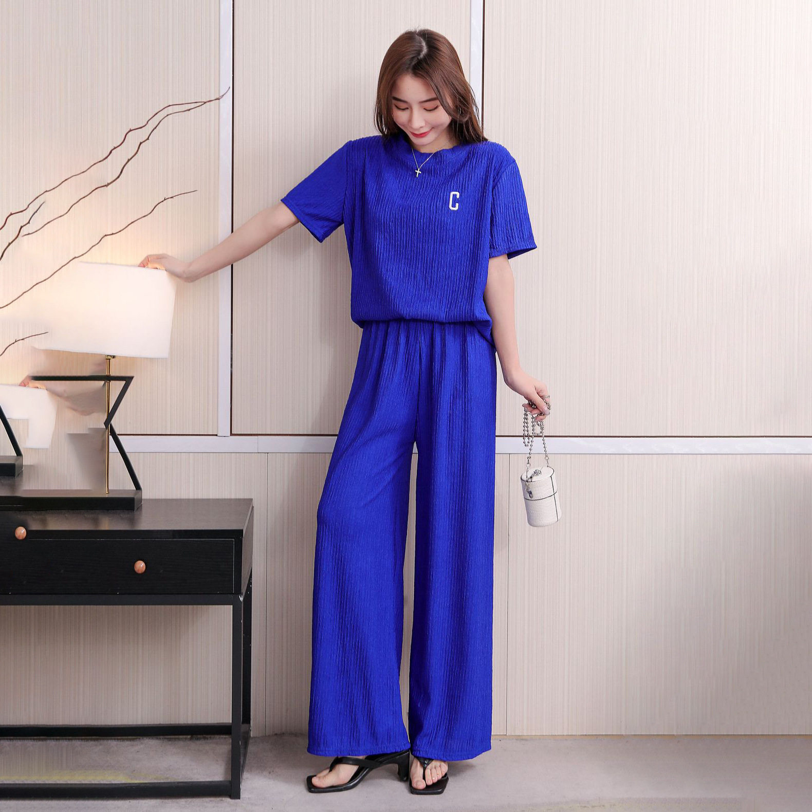 夏季薄款千千叶芊芊叶C字母圆领短袖长裤阔腿裤休闲两件套装女装Y,淘宝优惠券,粉丝福利购,淘宝优惠卷