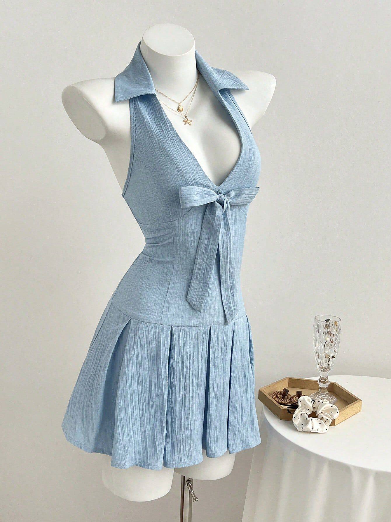 Summer Womens Short Dress V Neck Bow Tie Waist Defined Casual Wear for Parties or Outings Ready to Ship