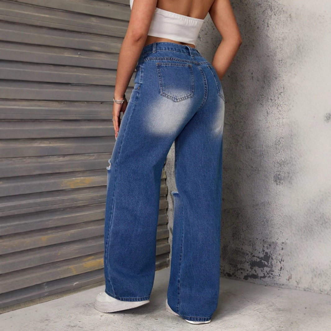 High Waisted Ripped Straight Leg Wide Leg Womens Jeans Casual Style Trendy Design Comfortable Fit Wholesale Available
