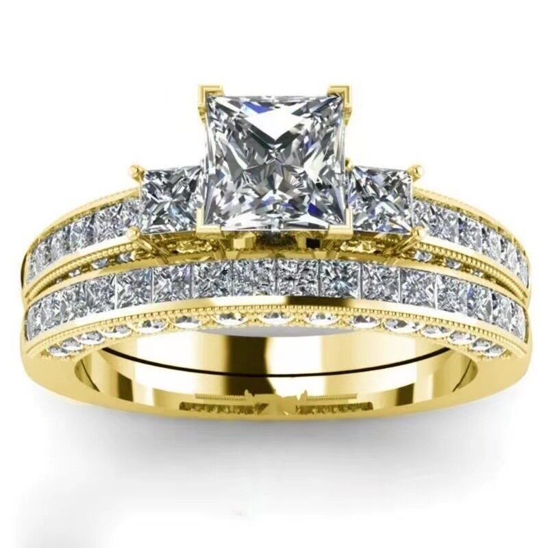 Cross-Border Supply of European and American Popular Rings, Exquisite and Fashionable Exquisite Diamond Couple Rings, Geometric Quadrilateral Rings