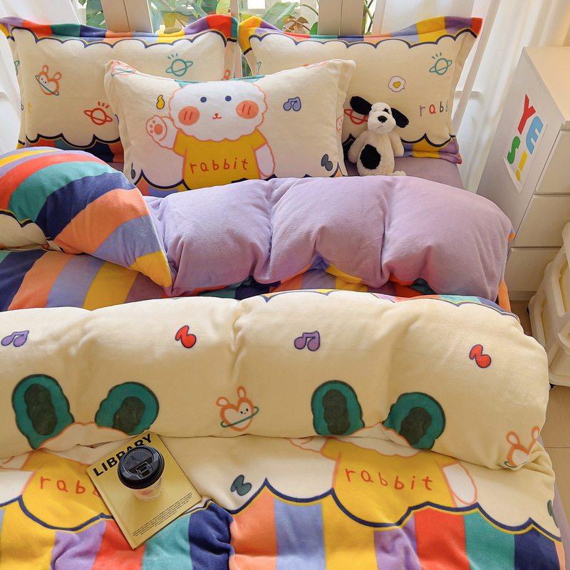 Class a Fresh and Simple Thickened Milk Velvet Four-Piece Set Winter Cartoon Velvet Duvet Cover Warm Coral Velvet Dormitory Three-Piece Set