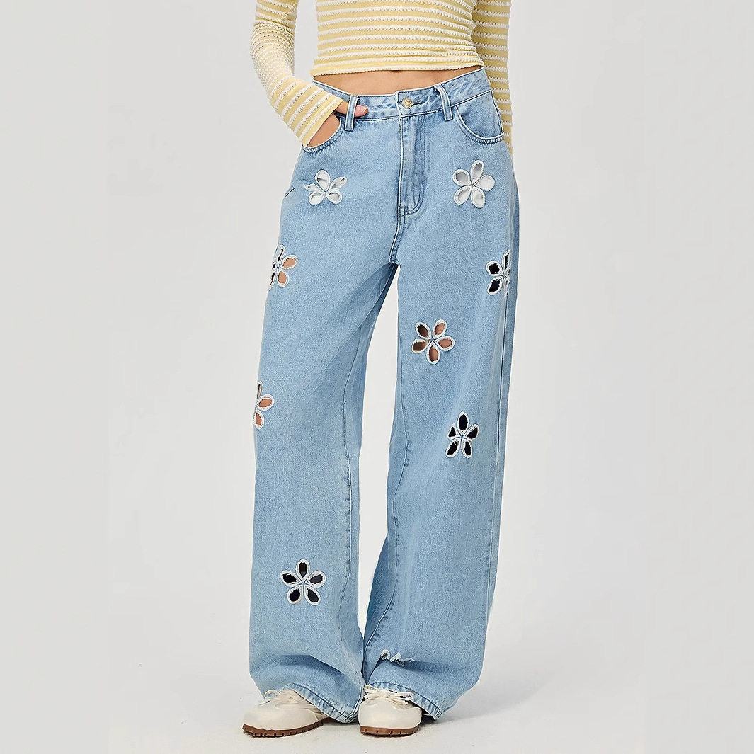Loose Fit Wide Leg Jeans Floral Hollow Design Casual Style Womens Fashion for Spring Summer Wholesale Available