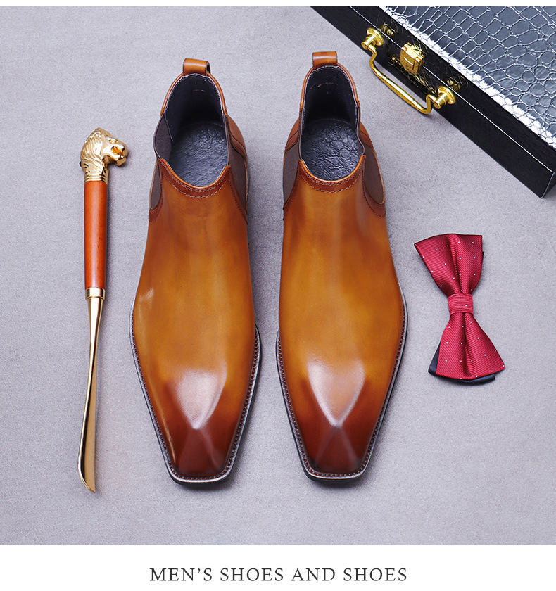 Giày Chelsea boot nam da bò thật cổ thấp dây chun hai bên — Màu nâu vàng, Màu đen (kiểu lót lông), Màu đen, Màu nâu vàng mẫu lót nhung