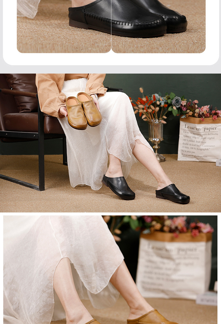 Dép mule nữ bọc mũi da bò thật đế mềm thủ công màu trơn — màu đen, Màu kaki
