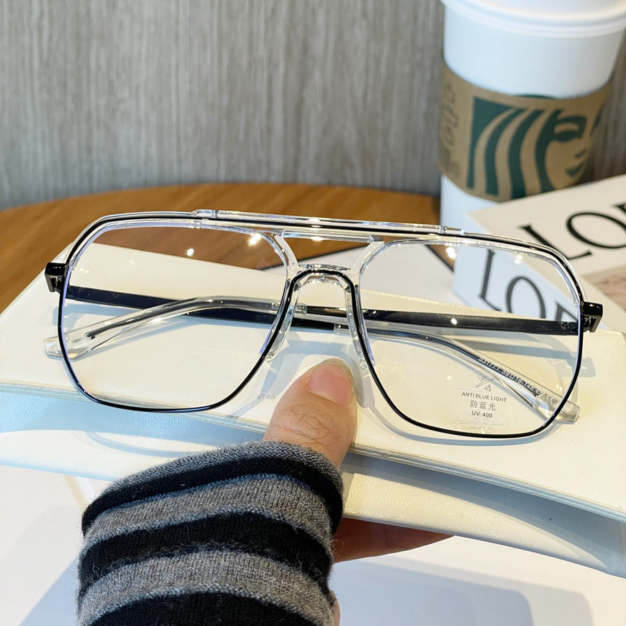 European and American Large Frame Double Beam Anti-Blue Glasses Ins Trendy Flat Glasses Frame Metal Plain Style Glasses Frame for Men and Women