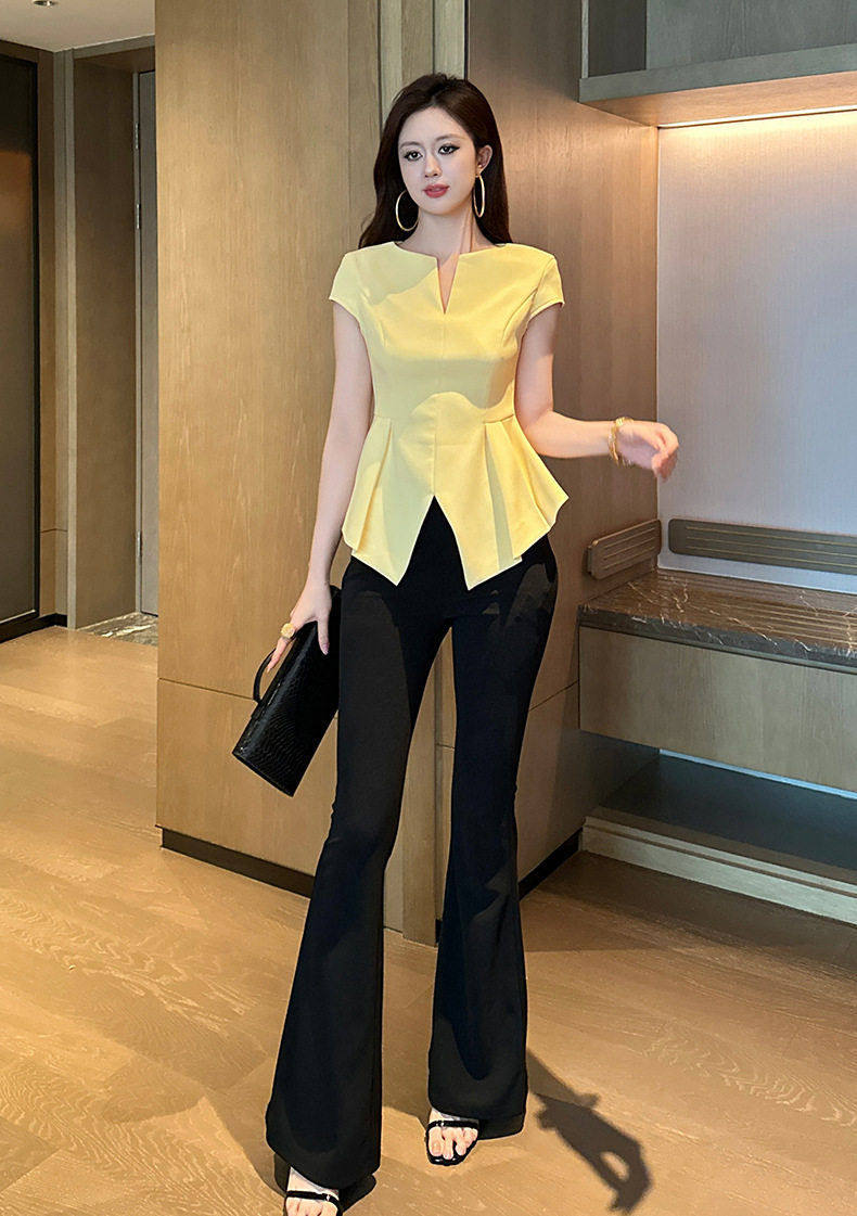Áo thun nữ cổ V phom ôm nhẹ tay ngắn phong cách Pháp — Trắng hạnh, Vàng nhạt, Đen chi tiết 12