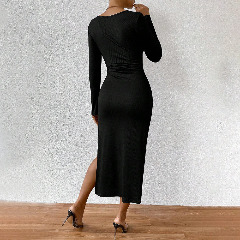 Elegant French Style Midi Dress for Women Square Neck Slim Fit Side Slit Spring Summer Occasion Wholesale Available