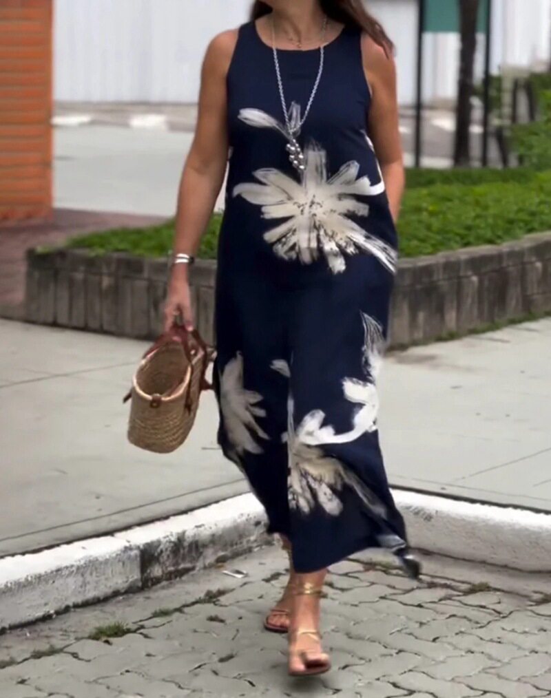 Summer Floral Print Sleeveless Dress for Women Round Neck Pocket Design Casual Style Wholesale Available