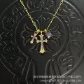 Golden sugar cube-light purple diamond double cross necklace