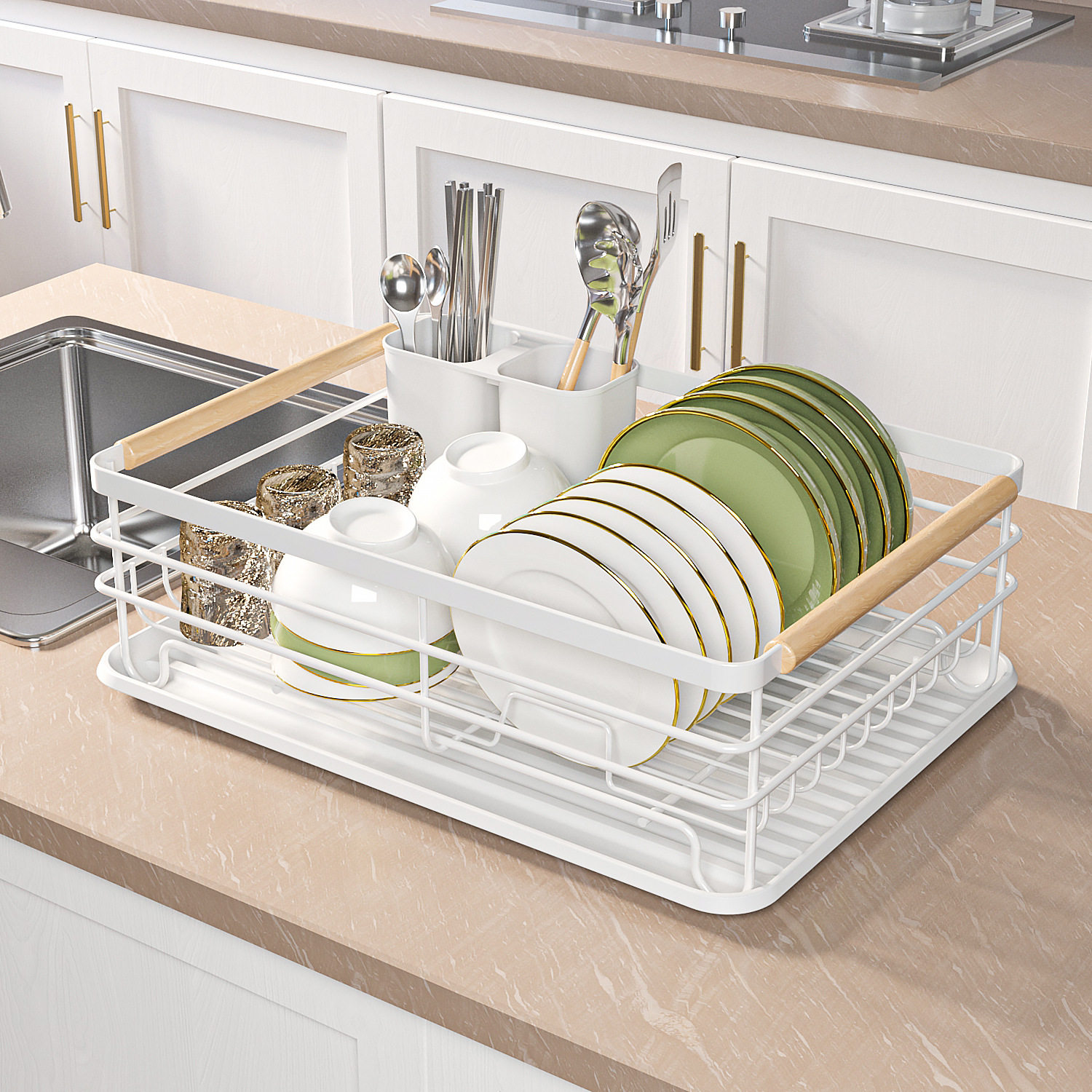 Kitchen Countertop White Single-Layer Plate Rack Drain Bowl Rack Multi-Functional Tableware Storage Rack Bowl Rack Storage Rack
