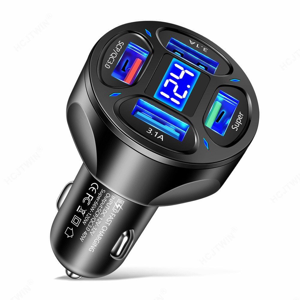 Fast charging 4USB with digital display car charger QC3.0 cigarette lighter 4.8A car universal 66W plus color box