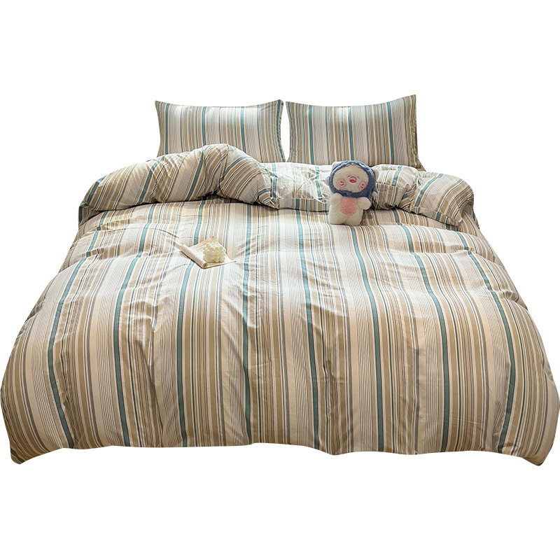 New Washed Cotton Bed Four-Piece Set, Simple Striped Quilt Cover, Bed Sheets, Three-Piece Set, Four-Piece Fitted Sheets Set, Manufacturer Wholesale