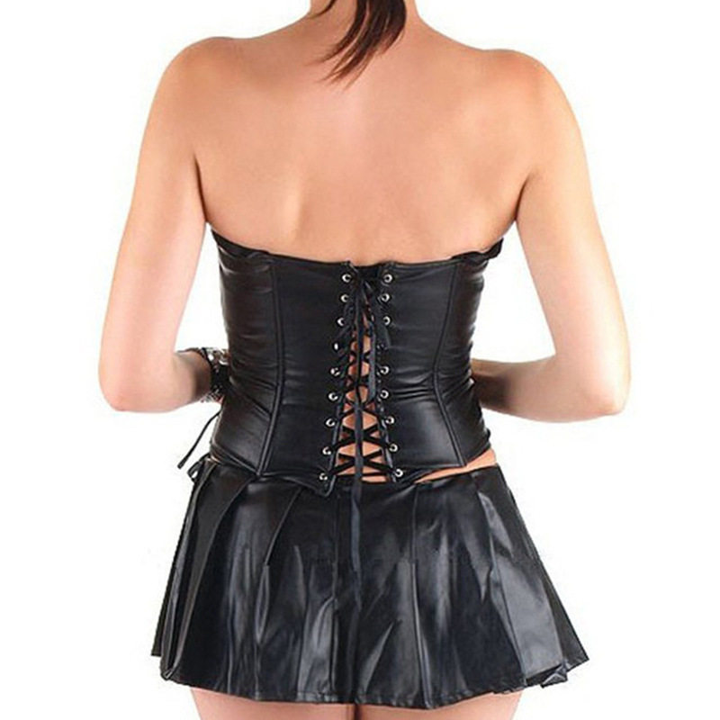 Women's Leather Corset Bodysuit with Zipper, Tummy Control, Gathered Design, High-Waisted, and Separate Skirt Set