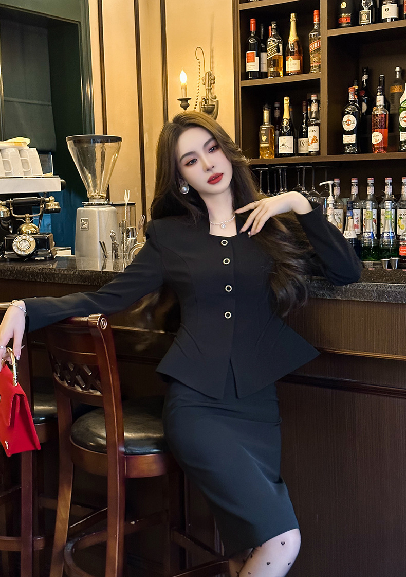 Đầm công sở nữ dáng Hepburn phong cách Pháp, bộ hai chiếc dài tay thanh lịch — Màu đen