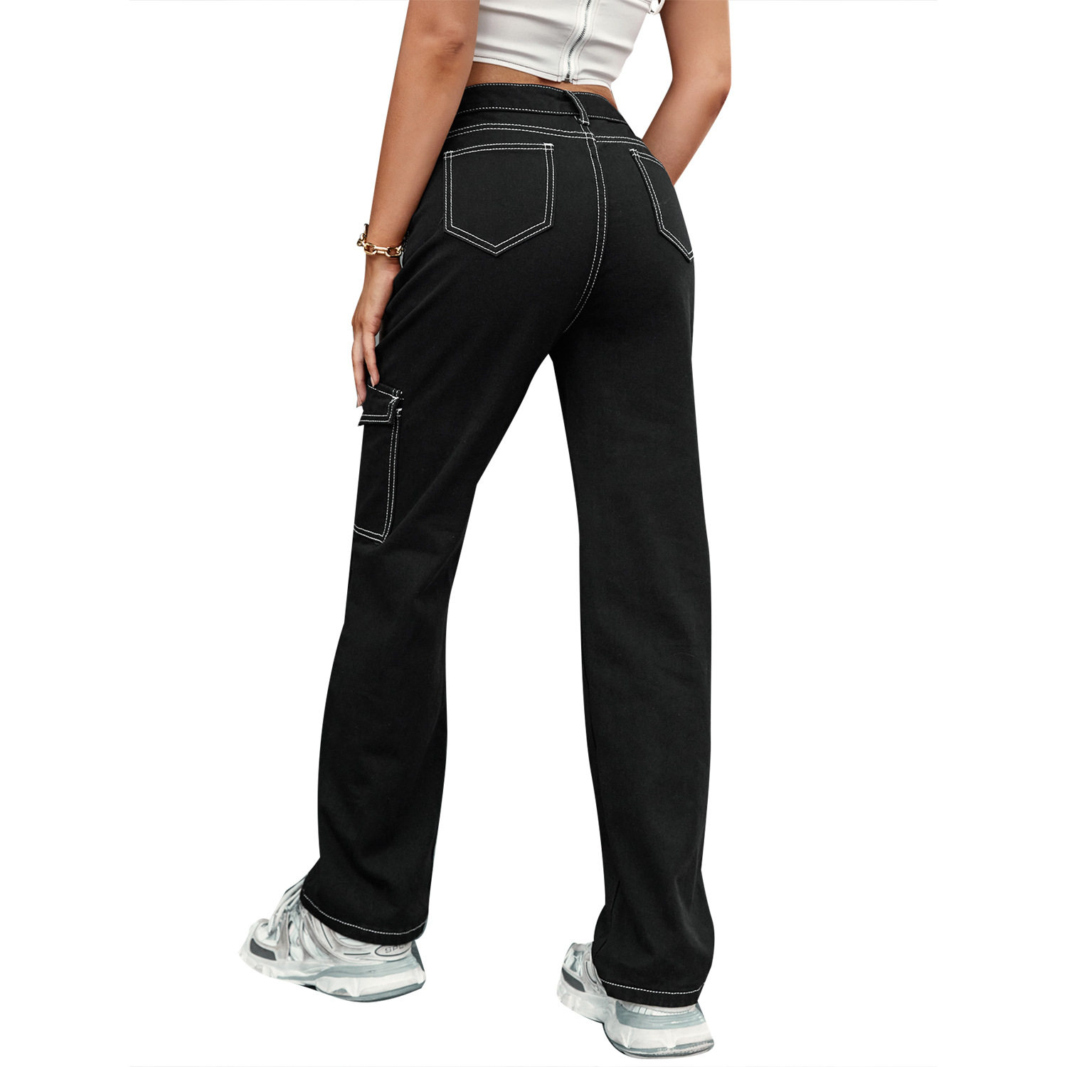 High Waisted Denim Pants Casual Style Patchwork Design Functional Pockets Versatile for Everyday Wear Wholesale