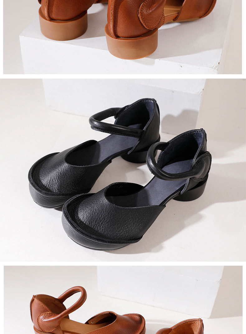 Giày sandal nữ quai ngang gót thô bọc mũi bằng da bò thật, đế mềm thủ công — Màu đen, Màu nâu