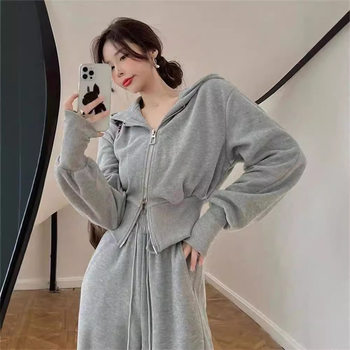 Salt Casual Sportswear Suit for Women Spring & Fall Hong Kong Style Retro Loose Slim Hooded Sweatshirt Fashionable Two-Piece Set