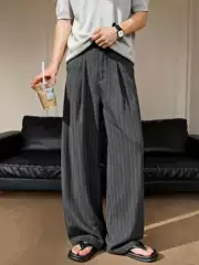 Old Money Style Vertical Striped Pleated Dress Pants for Men, Spring New Drapey Loose Casual Pants, Trendy Retro Straight-Leg Trousers