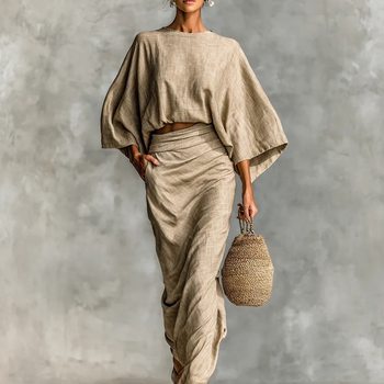 2025 European and American Style Women's Autumn New High-Waisted Half-Length Skirt Suit Round Neck Long-Sleeved Loose Top for Work Clothing