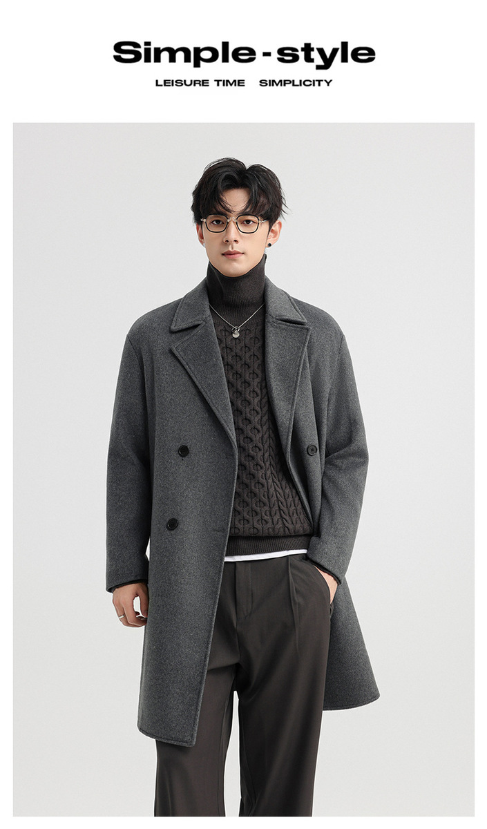 Áo khoác dạ len cashmere nam dáng dài hai hàng khuy mùa đông — Màu Xám (không bao gồm áo vest), Cà phê đậm (không bao gồm áo vest), Cà phê đậm (có áo VEST), Màu đen (có áo VEST)