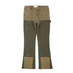 Creative fashion new army green stitching micro-bullet logging jeans men's stitching micro-bullet straight trousers wholesale