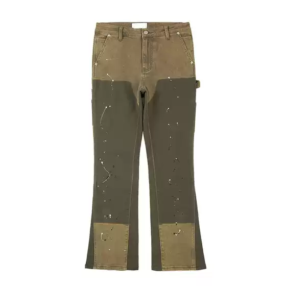 Creative fashion new army green stitching micro-bullet logging jeans men's stitching micro-bullet straight trousers wholesale