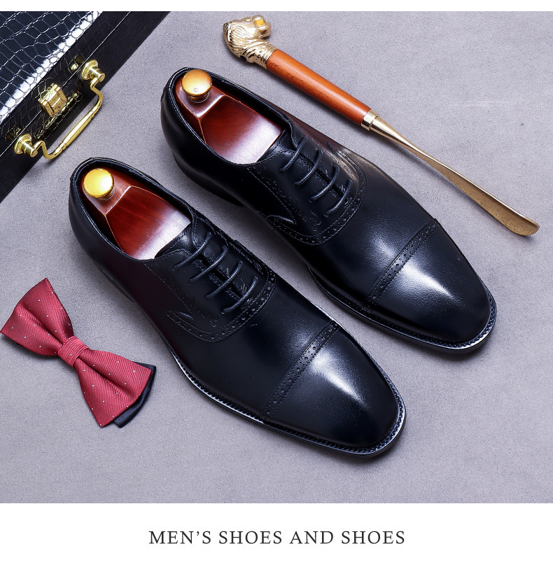 Giày Oxford nam da bò thật buộc dây mũi nhọn chạm khắc — Màu đen, Màu cà phê