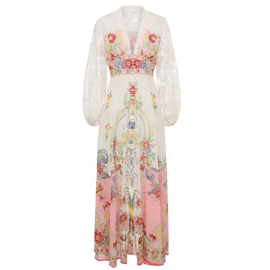 Elegant Lace Trimmed V Neck Dress Vintage Floral Print Waist Cinching Flared Skirt Spring Fall Occasion Wholesale